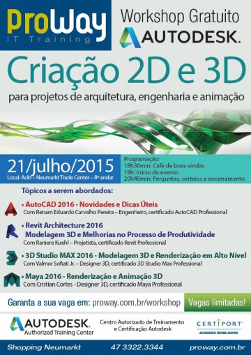 ProWay promoverá Workshop Gratuito Autodesk: Criação 2D e 3D para projetos de arquitetura, engenharia e animação